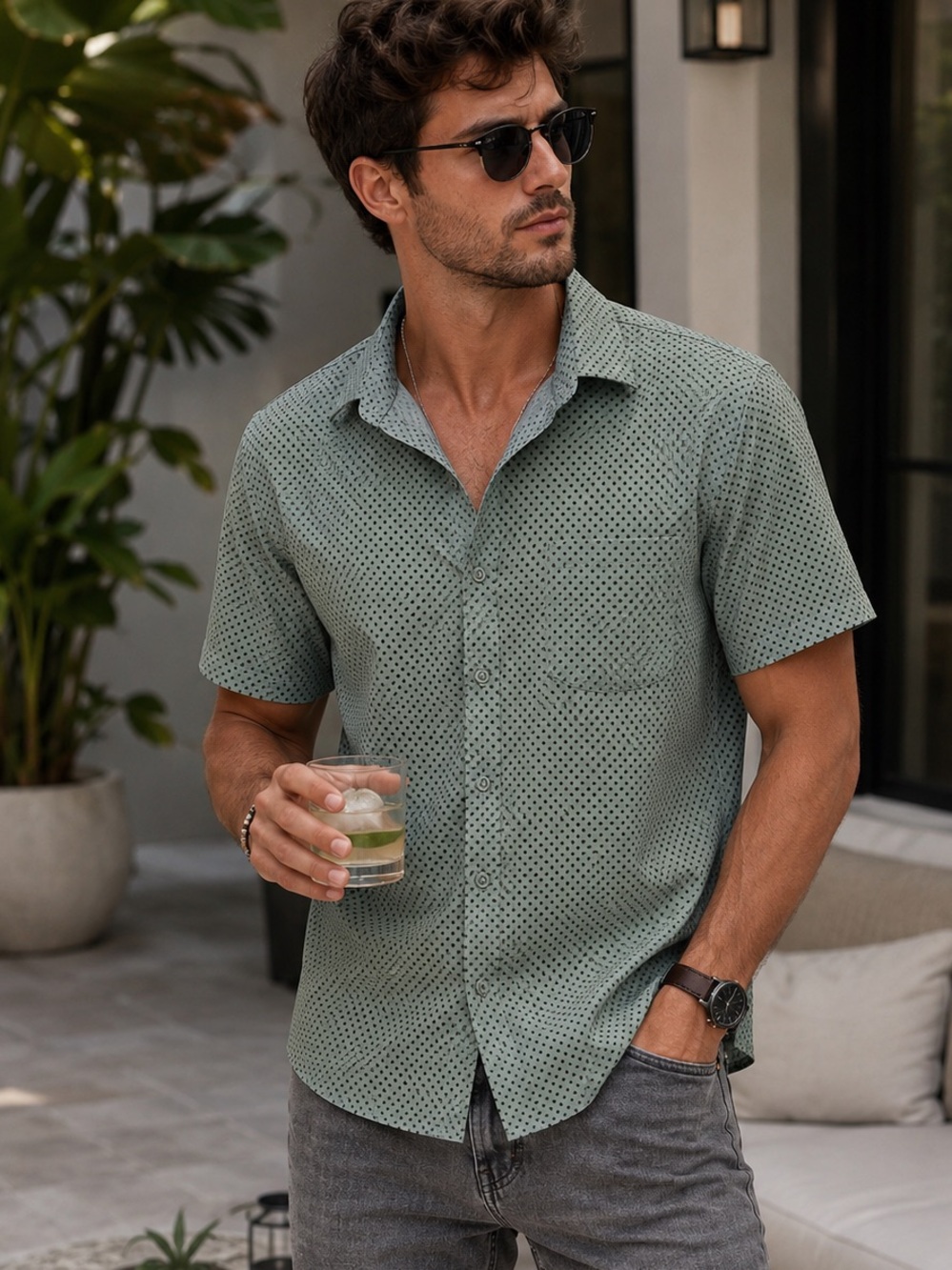 NWT Runcati Green & Black Polka Dot Short Sleeve Button Down Shirt XL